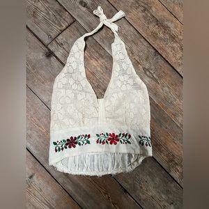 Hand Embroidered Floral Halter Crop Top